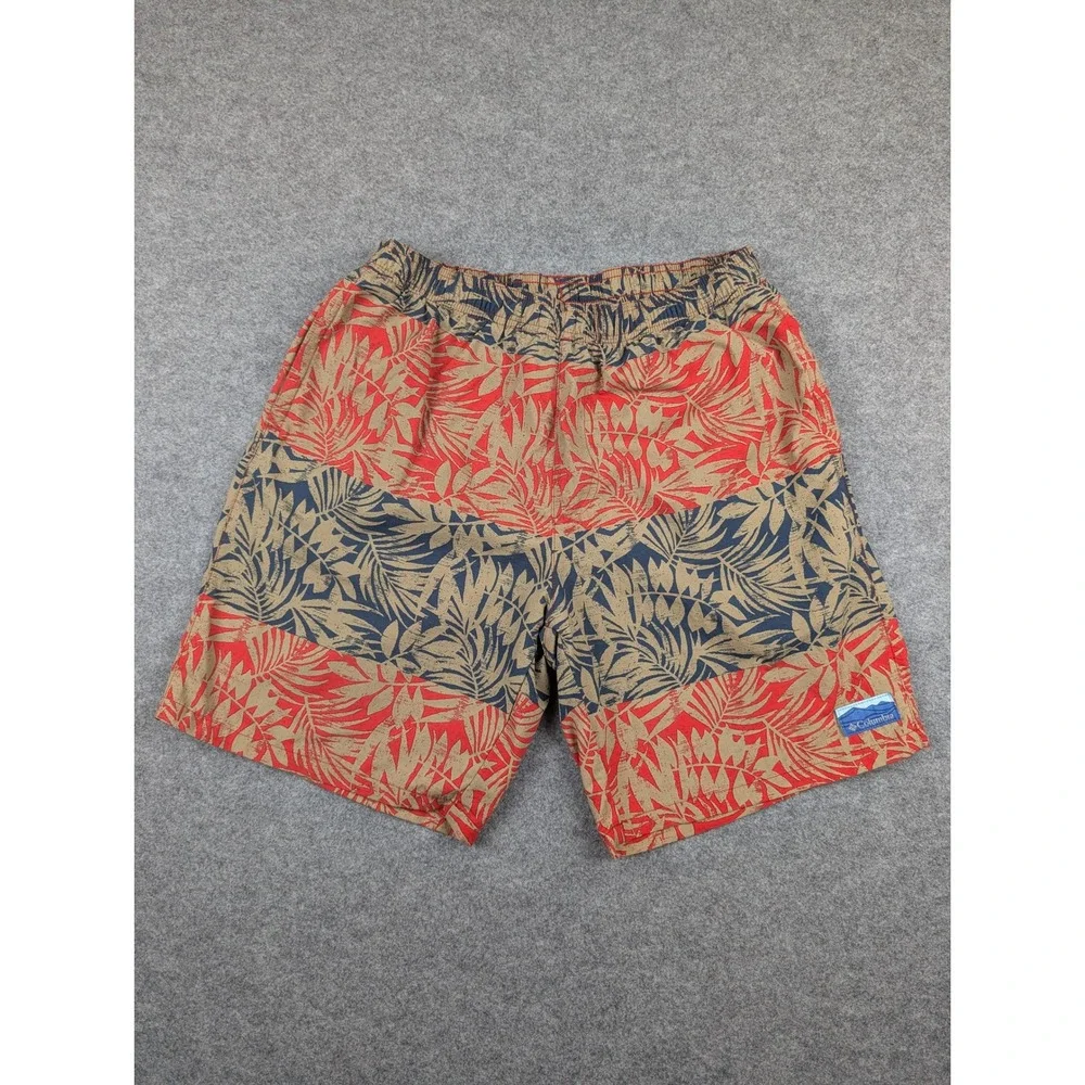 Columbia Mens Tropical Palm Print Swim Trunks Red Navy Board Shorts Size Medium